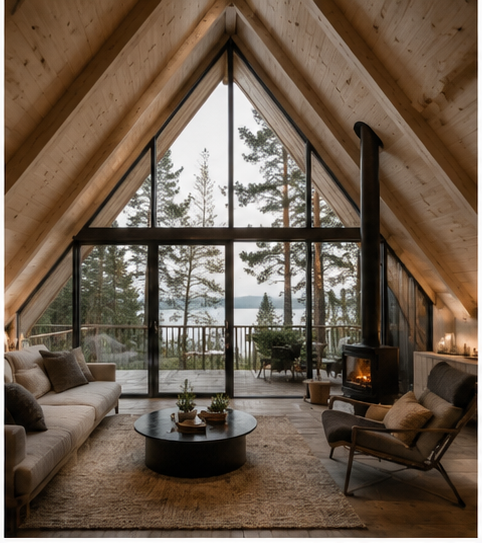 Interiör i A-frame-stuga med egensågad träpanel och sovloft, Timber Ridge