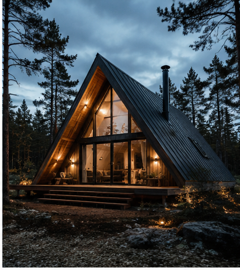 Stor glasgavel i A-frame-stuga mot skog, Timber Ridge Retreat