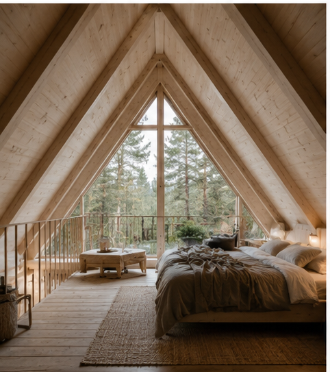 Altan på A-frame-stuga med skog i bakgrunden, Småland