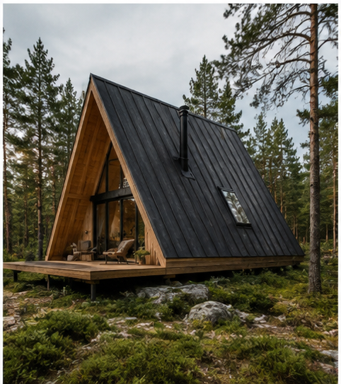 Timber Ridge A-frame-stuga i vinterlandskap med snö, helårsisolerad